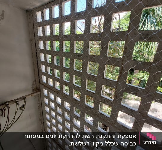רשת מתוחה על קיר למניעת כניסת יונים